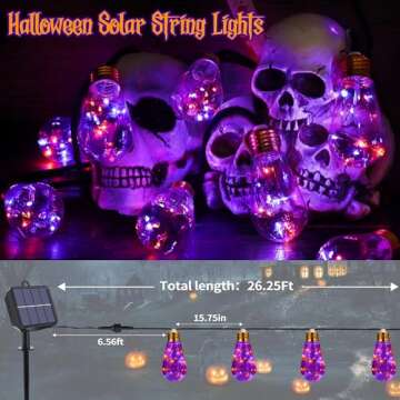Orange & Purple Solar Halloween Lights Outdoor, 20Ft Black Hemp Rope Halloween String Lights, Waterproof Orange Purple Lights with 8 Modes 16 Shatterproof Bulbs for Patio, Yard, Party, Halloween Decor