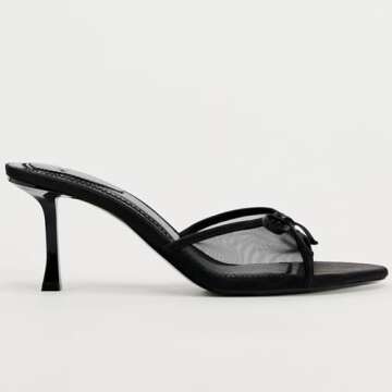 YIYA Women's Black Mesh Mules Kitten Heels with Bow - Stylish Slip-On Stiletto Heels