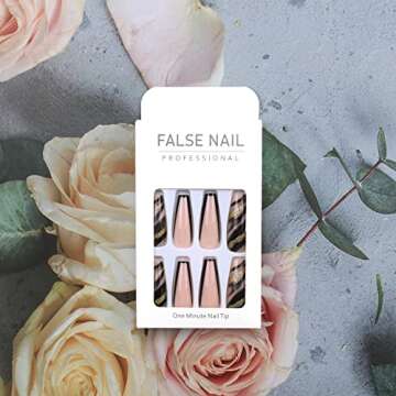 Black Gold Foil Press on Nails Long Fake Nails Acrylic Ballet French Black Ink Gold Foil adhesive tape on Nails Design Nails for Women and Girls 24 Pcs