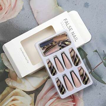 Black Gold Foil Press on Nails Long Fake Nails Acrylic Ballet French Black Ink Gold Foil adhesive tape on Nails Design Nails for Women and Girls 24 Pcs