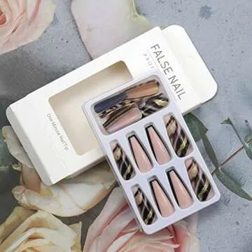 Black Gold Foil Press on Nails Long Fake Nails Acrylic Ballet French Black Ink Gold Foil adhesive tape on Nails Design Nails for Women and Girls 24 Pcs