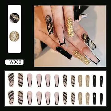Black Gold Foil Press on Nails Long Fake Nails Acrylic Ballet French Black Ink Gold Foil adhesive tape on Nails Design Nails for Women and Girls 24 Pcs