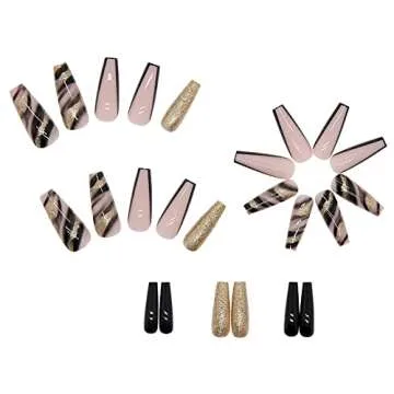 Black Gold Foil Press on Nails Long Fake Nails Acrylic Ballet French Black Ink Gold Foil adhesive tape on Nails Design Nails for Women and Girls 24 Pcs