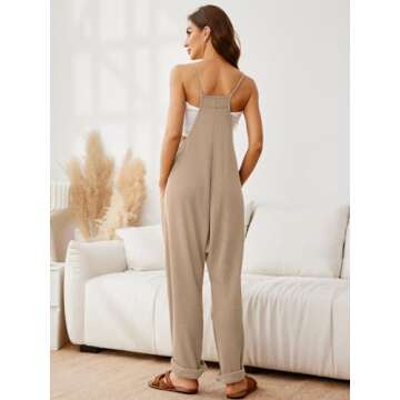 Glamaker Women's Casual Jumpsuits Waffle Knit Overalls Baggy One Piece Spaghetti Strap Loose Overall Jumpsuit Lounge Romper (Khaki S)
