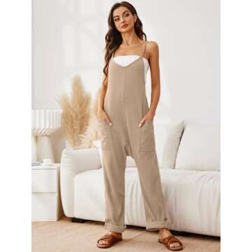 Glamaker Women's Casual Jumpsuits Waffle Knit Overalls Baggy One Piece Spaghetti Strap Loose Overall Jumpsuit Lounge Romper (Khaki S)