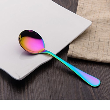 Berglander Rainbow Soup Spoon, 6 Pieces Stainiess Steel Titanium Plating Multicolor Soup Spoons, Colorful Round Spoons, Pack of 6