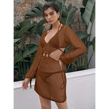 Chic Crochet Women's Beach Cover Up - Brown Long Sleeve Dress
