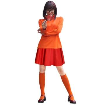 FIHCH Halloween Costumes Woman 2024 Orange Turtleneck Top,Red Skirt,Brown Bob Wig,Magnifying Glass,Socks and Glasses