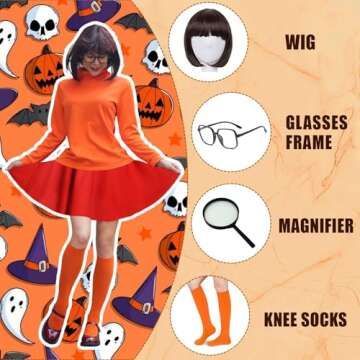 FIHCH Halloween Costumes Woman 2024 Orange Turtleneck Top,Red Skirt,Brown Bob Wig,Magnifying Glass,Socks and Glasses
