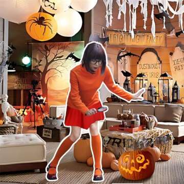 FIHCH Halloween Costumes Woman 2024 Orange Turtleneck Top,Red Skirt,Brown Bob Wig,Magnifying Glass,Socks and Glasses
