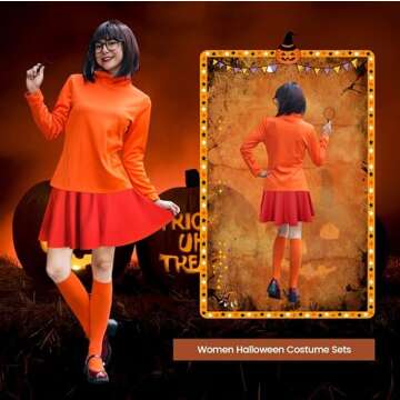 FIHCH Halloween Costumes Woman 2024 Orange Turtleneck Top,Red Skirt,Brown Bob Wig,Magnifying Glass,Socks and Glasses