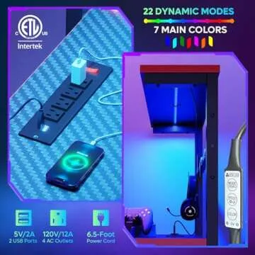 Bestier Gaming Desk with Power Outlets, 44 Inch Led Gamer Desk with 4 Tiers Reversible Shelves, PC Gaming Table with Headset Hook & Side Storage Bag for Bedroom (Black 3D Carbon Fiber)