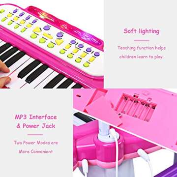 HONEY JOY Kids Piano Keyboard, 37-Key Electronic Piano Educational Musical Instrument Toy with Microphone, Sounds, Record Playback, Lights & Stool, Gift for Girls Boys (Pink)