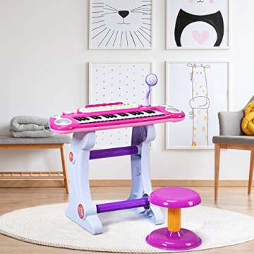 HONEY JOY Kids Piano Keyboard, 37-Key Electronic Piano Educational Musical Instrument Toy with Microphone, Sounds, Record Playback, Lights & Stool, Gift for Girls Boys (Pink)