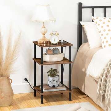 HOOBRO Set of 2 End Table with Charging Station, Side Table with USB Ports and Outlets, 3-Layer Nightstand with Storage Shelf, Sofa Table for Small Space in Bedroom, Living Room, Black BF10UBZP201