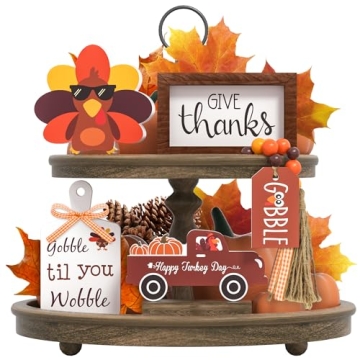 Thanksgiving Tiered Tray Decor with Rustic Turkey Signs & Bead Garland