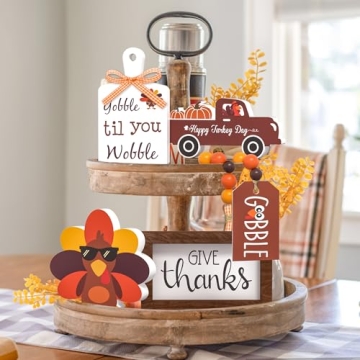Tiered Tray Decor for Thanksgiving with Turkey & Garland
