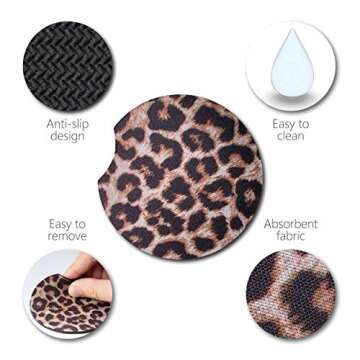 YR 2.75 Inches Car Coasters for Drinks Absorbent, Cute Car Coasters for Women, Removable Cup Holder Coaster for Your Car, Auto Accessories for Women & Girls, Set of 2 -Leopard