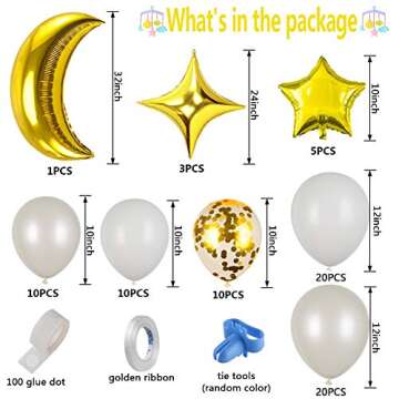 White Gold Balloon Garland Set with Moon and Star Balloons, Gold Confetti Balloons for Baby Shower P...