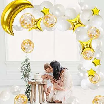 White Gold Balloon Garland Set with Moon and Star Balloons, Gold Confetti Balloons for Baby Shower Party Decorations Twinkle Twinkle Little Star Theme Party
