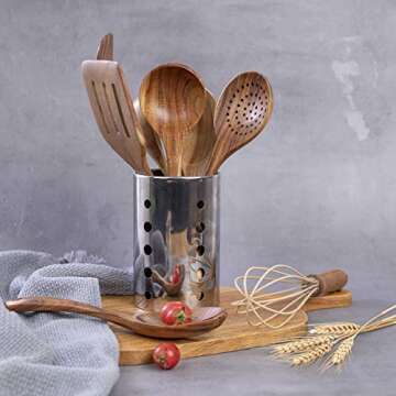Kitchen Utensil Set Wood,9 Pack Wooden Cooking Utensils with Holder, Natural Teak Wooden Spoons for ...