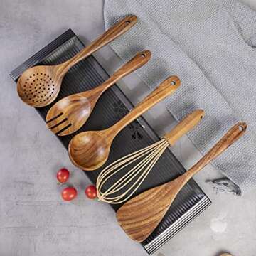 Kitchen Utensil Set Wood,9 Pack Wooden Cooking Utensils with Holder, Natural Teak Wooden Spoons for Cooking,Wooden Spatula,Turner,Strainer,Ladle,Egg Whisk,Slottled Spoons