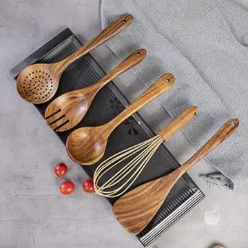 Kitchen Utensil Set Wood,9 Pack Wooden Cooking Utensils with Holder, Natural Teak Wooden Spoons for Cooking,Wooden Spatula,Turner,Strainer,Ladle,Egg Whisk,Slottled Spoons