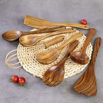 Kitchen Utensil Set Wood,9 Pack Wooden Cooking Utensils with Holder, Natural Teak Wooden Spoons for Cooking,Wooden Spatula,Turner,Strainer,Ladle,Egg Whisk,Slottled Spoons