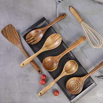 Kitchen Utensil Set Wood,9 Pack Wooden Cooking Utensils with Holder, Natural Teak Wooden Spoons for Cooking,Wooden Spatula,Turner,Strainer,Ladle,Egg Whisk,Slottled Spoons