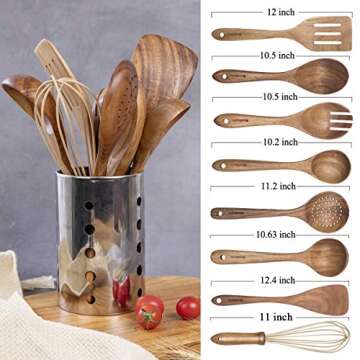 Kitchen Utensil Set Wood,9 Pack Wooden Cooking Utensils with Holder, Natural Teak Wooden Spoons for Cooking,Wooden Spatula,Turner,Strainer,Ladle,Egg Whisk,Slottled Spoons