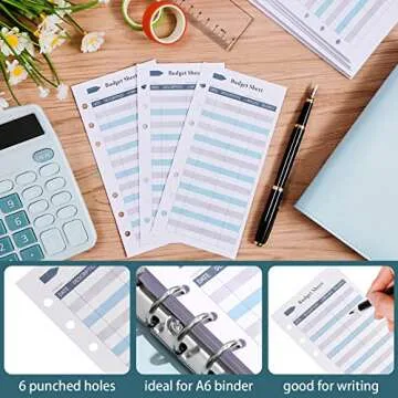 Ndsox 60PCS A6 Budget Sheets for Budget Planner Binder, 6-Holes Expense Budget Tracker Sheets, Spending Tracker Sheets, A6 Budget Binder Inserts Cash Ledger Book Wallet Bill Organizer, Blue
