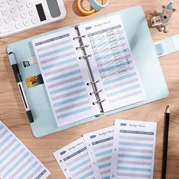Ndsox 60PCS A6 Budget Sheets for Budget Planner Binder, 6-Holes Expense Budget Tracker Sheets, Spending Tracker Sheets, A6 Budget Binder Inserts Cash Ledger Book Wallet Bill Organizer, Blue