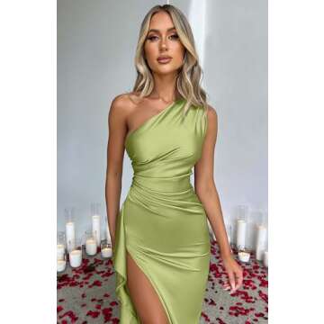 Memoriesea Women's Sexy One Shoulder Satin High Split Cocktail Wedding Party Maxi Dress Tender Green