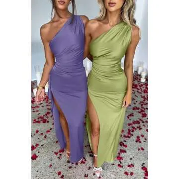 Memoriesea Women's Sexy One Shoulder Satin High Split Cocktail Wedding Party Maxi Dress Tender Green