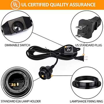 Vintage Plug in Hanging Light Kit, Elibbren Industrial Style Pendant Lighting E26 E27 Lamp Socket 12.14FT Twisted Textile Black Cord with Dimmable On/Off Switch Plug in Lamp Fixture 2 Pack