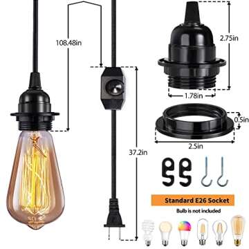 Vintage Plug in Hanging Light Kit, Elibbren Industrial Style Pendant Lighting E26 E27 Lamp Socket 12.14FT Twisted Textile Black Cord with Dimmable On/Off Switch Plug in Lamp Fixture 2 Pack