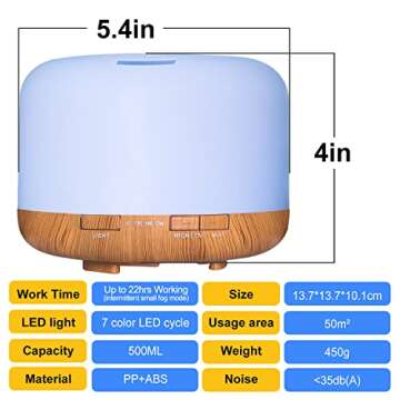 EVERDOSS Essential Oil Diffusers, 500ml Cool Mist Diffuser with 7 Colors Night Lights, Waterless Auto Shut Off and Time Setting Aromatherapy Diffuser, Humidifiers for Bedroom/Bathroom/Toilet