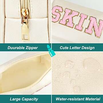 JOINDO Skin Makeup Bag, Skin Care Cosmetic Toiletry Bag, Preppy Makeup bag,Portable Makeup Zipper Pouch Storage Purse, PU Leather Skincare Organizer Bag for Travel Daily Use