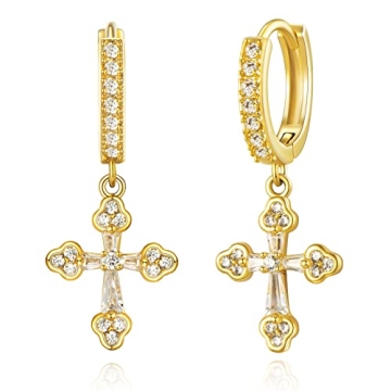 KissYan Gold Huggie Hoop Earrings for Women - 14K Gold Plated Cross Dangle Earrings