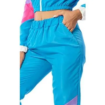 Yisfri Women's Vintage 80s 90s Style 2 Piece Outfit Long Sleeve Full Zip Windbreaker Tracksuits Themed Party Pants Set (Blue, S)