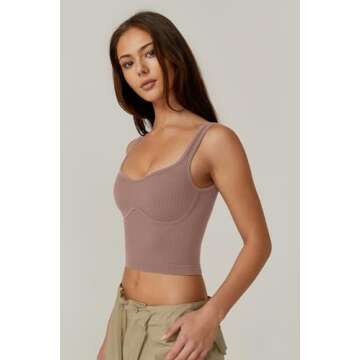 QINSEN Women's Sleeveless Strappy Tank Square Neck Workout Fitness Casual Basic Crop Tops Warm Taupe...