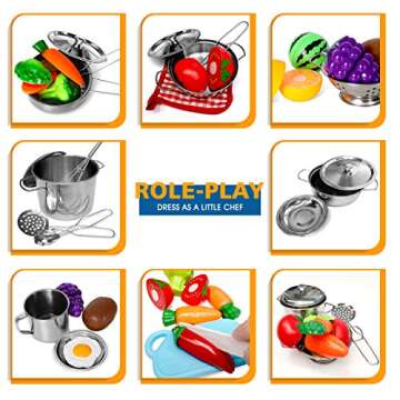 POPUTOY 28Pcs Pretend Play Kitchen Toys, Kitchen Playset Cooking Toys Set with Stainless Steel Cookw...