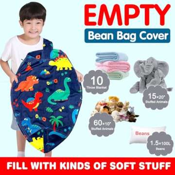 Lukeight Stuffed Animal Storage Bean Bag Chair Cover for Kids, Dinosaur Zipper Beanbag Chair Cover f...