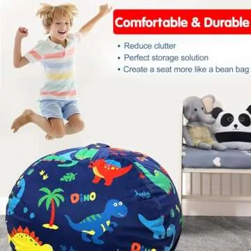 Lukeight Stuffed Animal Storage Bean Bag Chair Cover for Kids, Dinosaur Zipper Beanbag Chair Cover for Organizing Toddler and Kids' Rooms Plush Toys (Dinosaur Navy, Large)
