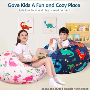 Lukeight Stuffed Animal Storage Bean Bag Chair Cover for Kids, Dinosaur Zipper Beanbag Chair Cover for Organizing Toddler and Kids' Rooms Plush Toys (Dinosaur Navy, Large)