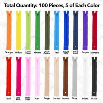 Durable Nylon Zippers - 100 Piece Assorted Color Pack for Sewing