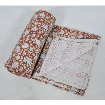 V Vedant Designs Floral Print Beautiful Kantha Quilt Indian Hand Block Kantha Quilt Reversible Cotton Bedding Bedspread Queen Size Vintage Kantha Gudari (Dark Brown, Queen)