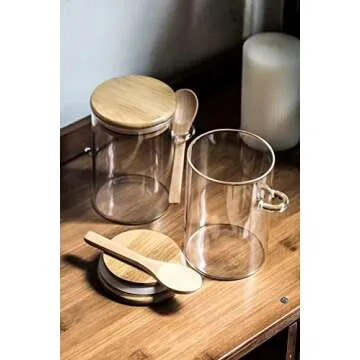 KOIKEY Coffee Sugar Container Salts Jars - 15oz Glass Airtight Caning with Bamboo Lids and Spoons Scoop, Storage Overnight Oats, Spice, Creamer, Food Organizer, Set of 3