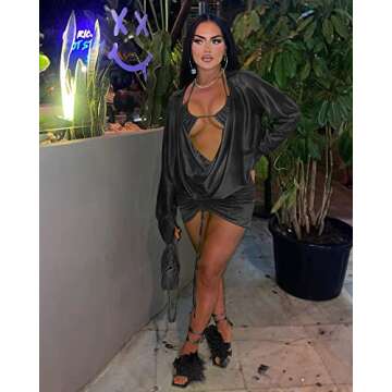 Doweha Bodycon Dresses for Women Fall Cocktail Halter Wrap Dress Sexy Club Outfits Long Sleeve V Neck Top Two Piece Mini Skirt Set with Bra Black S