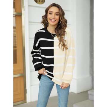 Fisoew Womens Striped Pullover Sweater Crew Neck Long Sleeve Knitted Color Block Casual Loose Lightw...